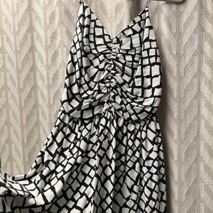 Parker Black and White Rouched Silk Dress